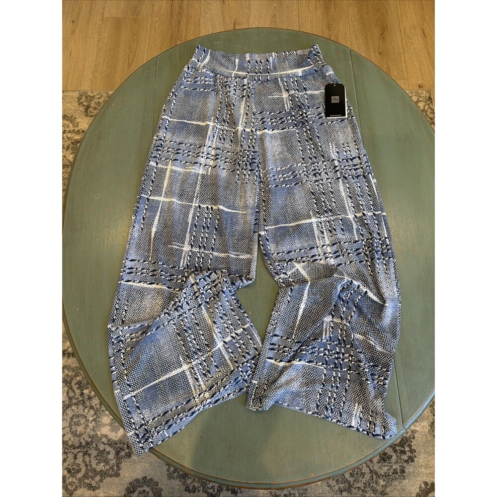 Clara Sunwoo Palazzo Pants NWT Womens PL Petite Large Blue White Plaid Wide Leg